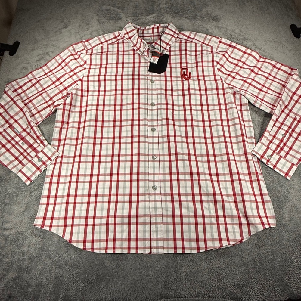 Antigua Mens Oklahoma Sooners Plaid Button Down Shirt Red Grey Tending 2 2XL NEW